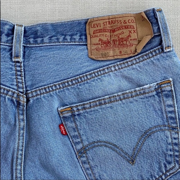 LEVI’S Vintage 501 High Waist Button Fly Patchwork Cut Off Denim Jean Shorts - Picture 4 of 8